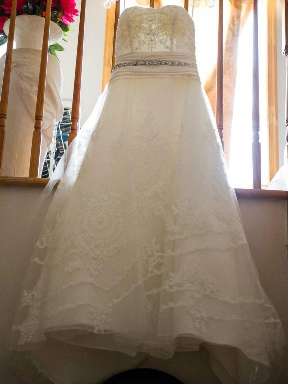 Strapless Lace A-Line Wedding Gown in Ivory with Beaded Waist-/ with VEIL